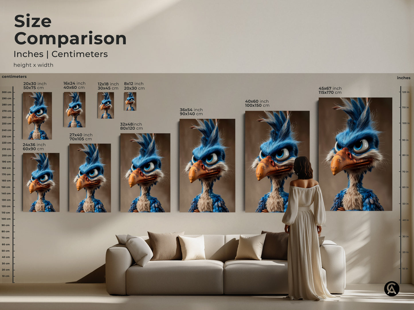 Size comparison of cartoon bird art prints in inches and centimeters. See how different sizes fit above a sofa. Visualize scale and impact of this unique artwork in various room settings.