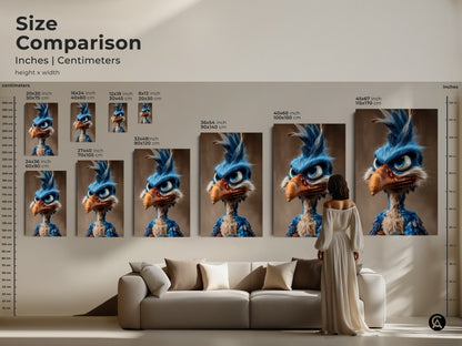 Size comparison of cartoon bird art prints in inches and centimeters. See how different sizes fit above a sofa. Visualize scale and impact of this unique artwork in various room settings.