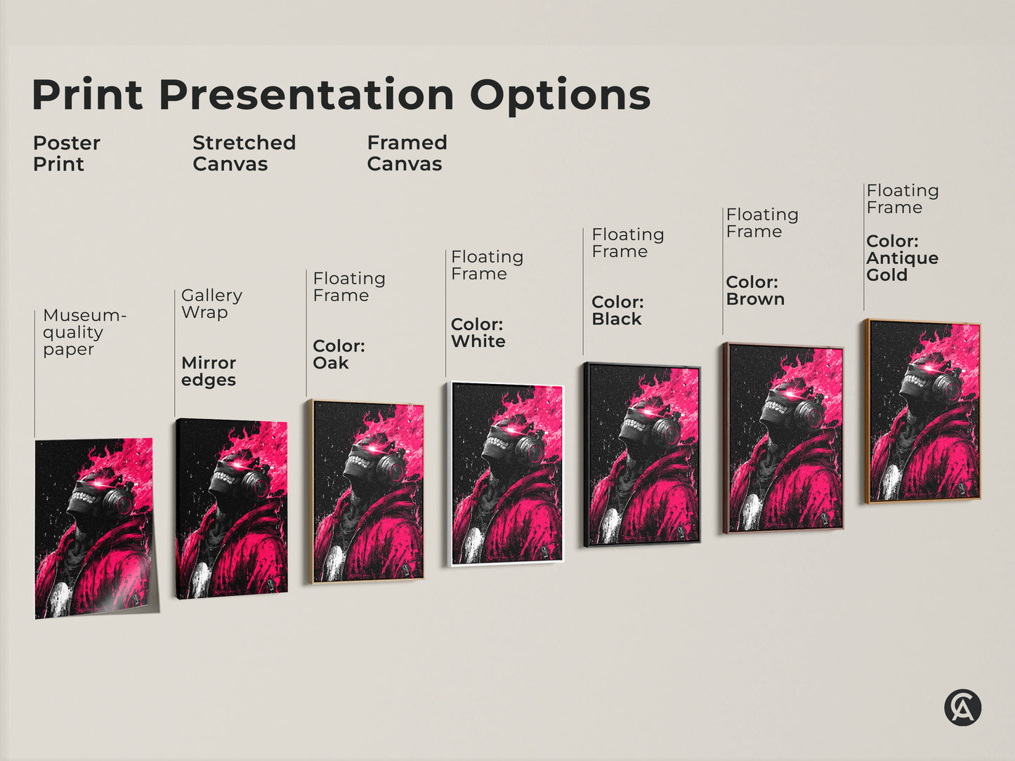Print presentation options for edgy artwork. Choose from poster prints stretched canvas and framed canvas. Each features a person in headphones with pink flames. Find the perfect style to match your home decor.