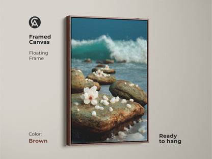 Brown framed canvas art displaying a peaceful ocean scene with beach rocks and cherry blossoms. The floating frame adds a touch of elegance. Enhance your coastal-themed decor with this nature-inspired artwork.
