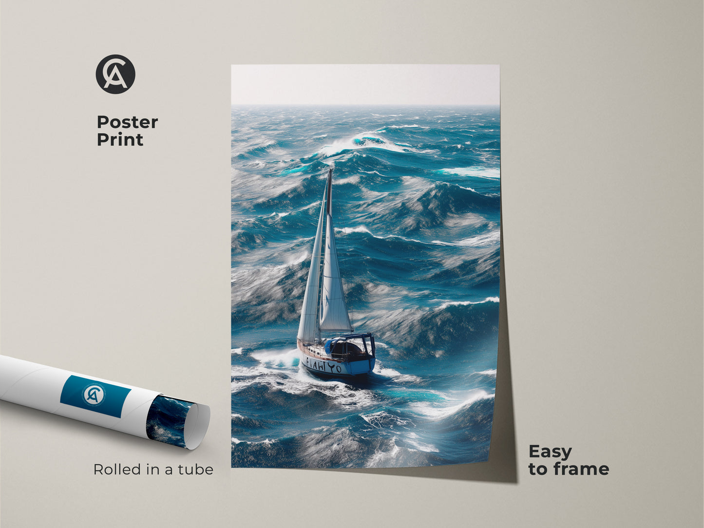 Poster print of a sailboat on stormy ocean waves ready to be framed. The nautical art brings the adventure of the sea into your space. Rolled in a tube for protection. Teal and blue colors provide a coastal feel. Ideal for nautical themed rooms or as a gift for sailing enthusiasts.