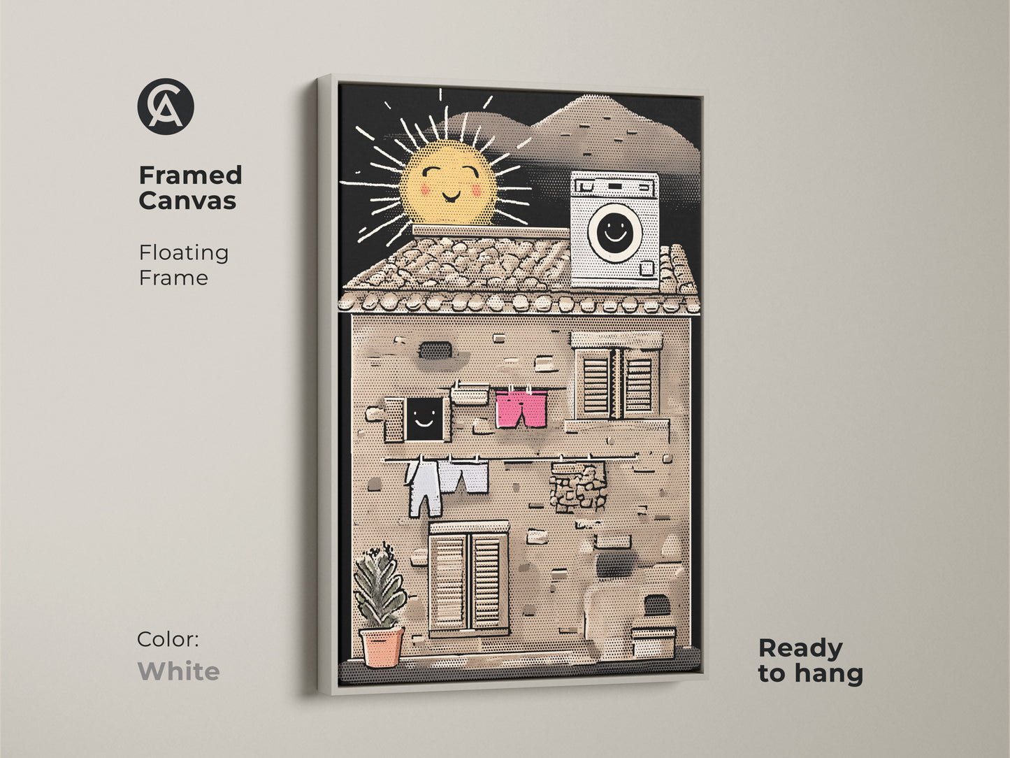 Framed canvas featuring a clothesline art print. White floating frame makes this retro home decor gift stand out. The vintage style artwork is perfect for a laundry room or as a quirky art print. Ready to hang.