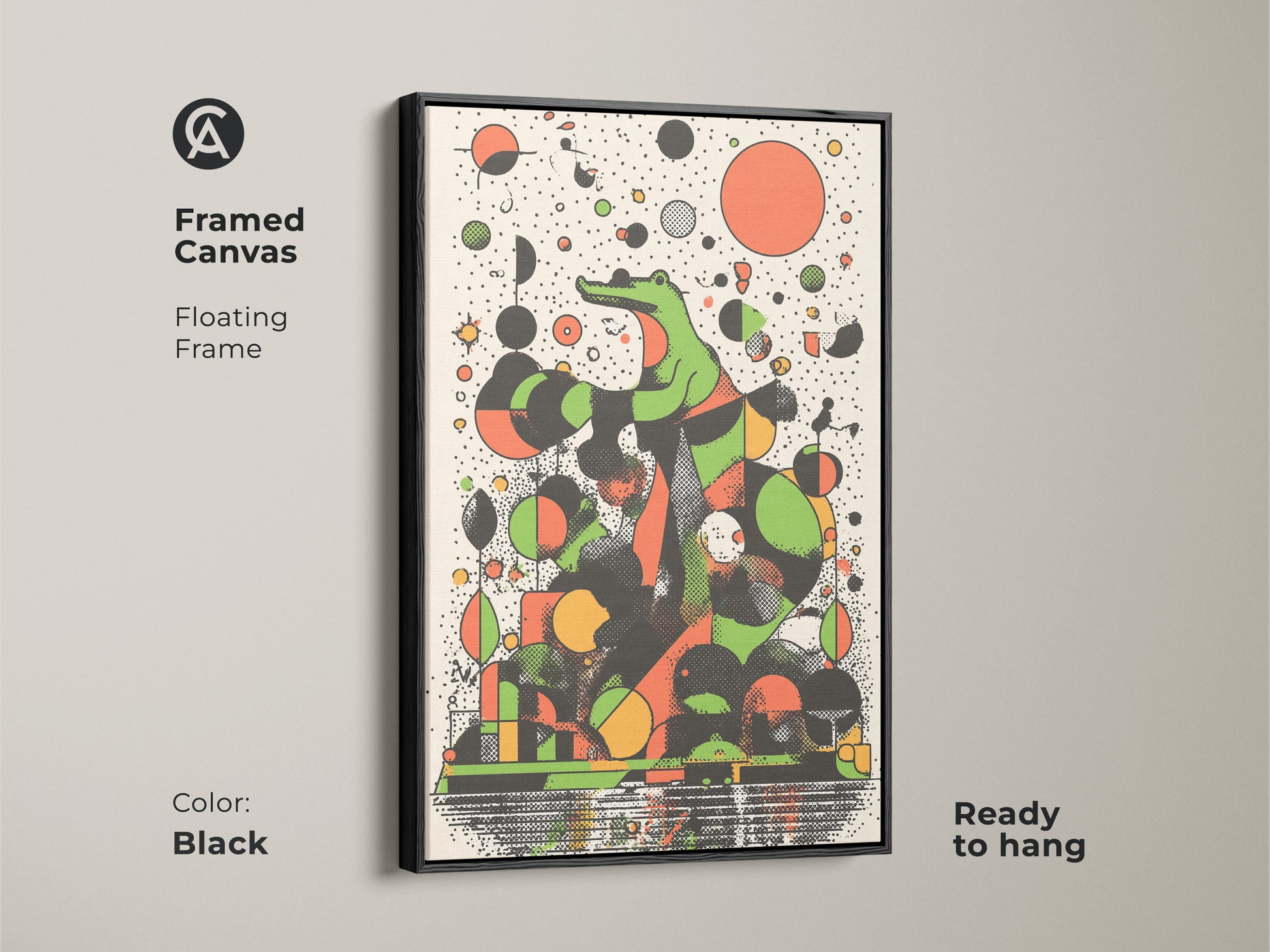 Framed canvas with a black floating frame displays abstract crocodile art. The retro animal wall art uses green geometric shapes and an orange black color scheme. It is ready to hang perfect for eclectic office decor.