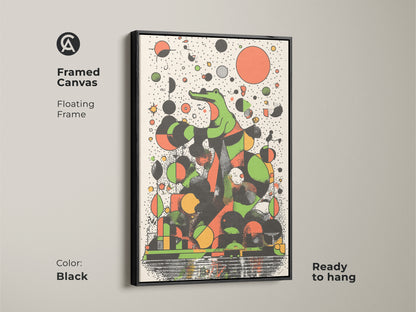 Framed canvas with a black floating frame displays abstract crocodile art. The retro animal wall art uses green geometric shapes and an orange black color scheme. It is ready to hang perfect for eclectic office decor.