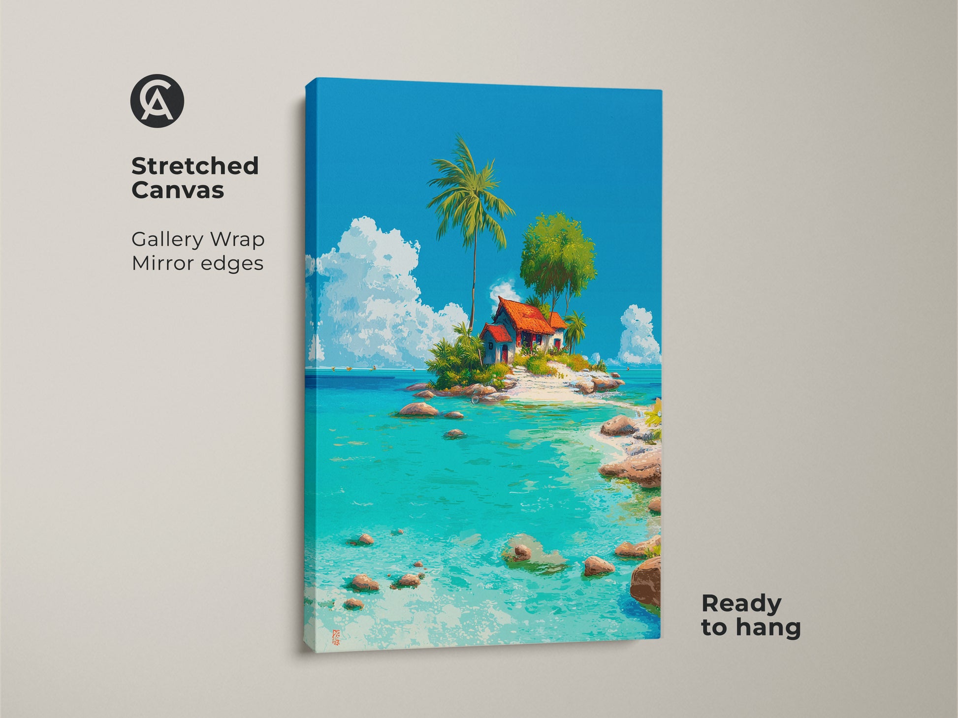 Stretched canvas print featuring a vibrant tropical island with a cozy house lush palm tree and clear turquoise sea. The gallery wrap with mirrored edges gives it a clean contemporary look. Ready to hang this canvas art brings a relaxing beach vibe to your home.