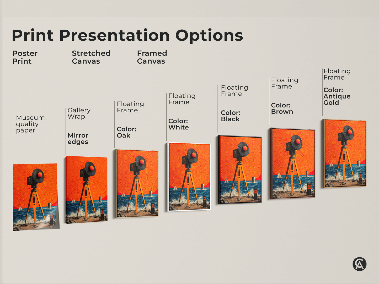 Explore print presentation options. From poster print to stretched canvas to framed canvas. This museum-quality paper features gallery wrap. It has mirror edges and floating frames. Each option is styled with retro futuristic artwork.