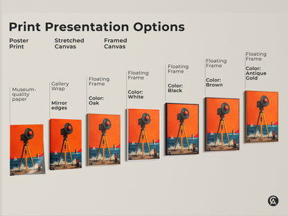 Explore print presentation options. From poster print to stretched canvas to framed canvas. This museum-quality paper features gallery wrap. It has mirror edges and floating frames. Each option is styled with retro futuristic artwork.