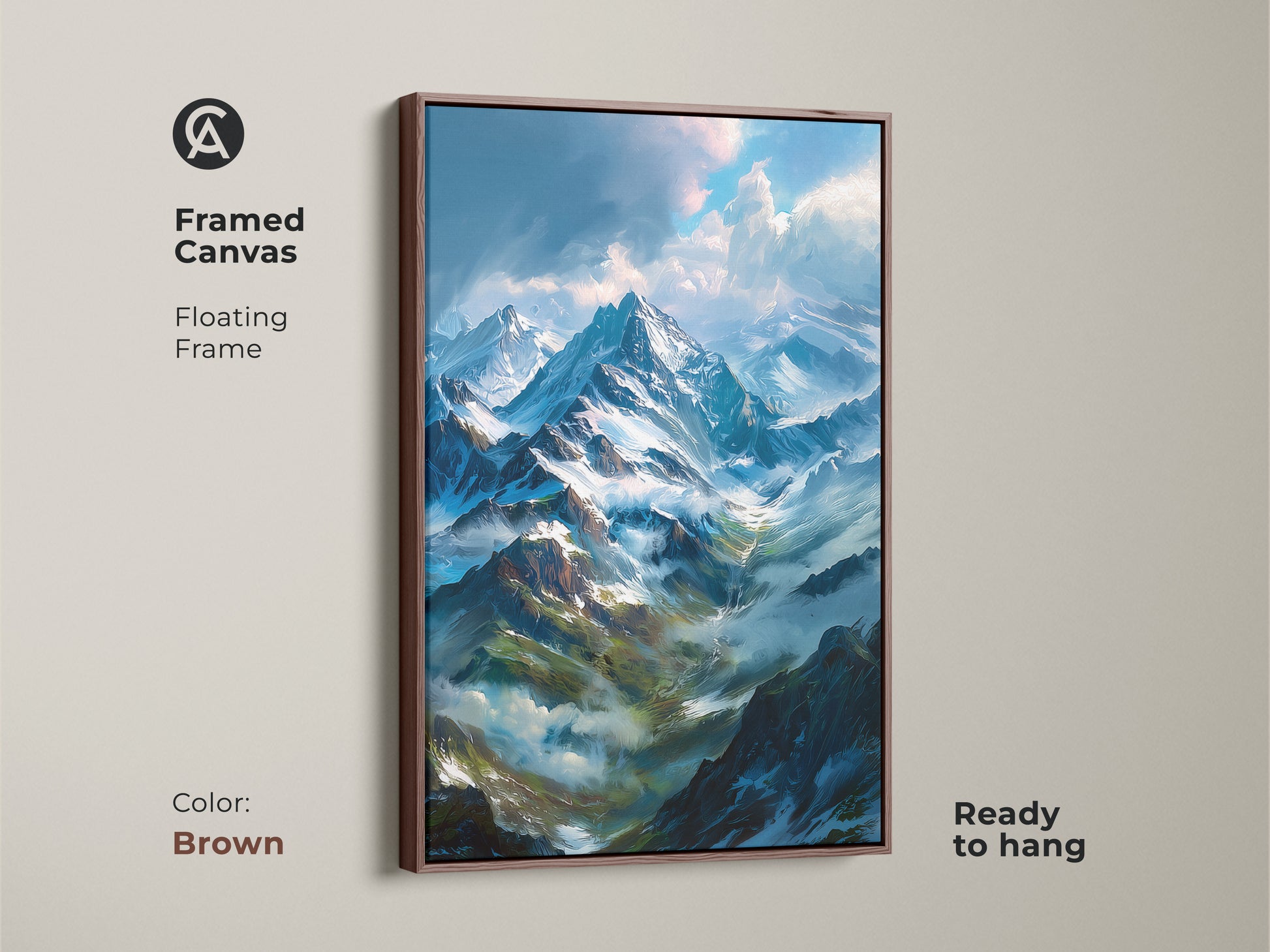 Framed canvas print of a snow-capped mountain landscape. The brown floating frame enhances the artwork. Ready to hang this piece adds a touch of nature to your home. Perfect wall decor.