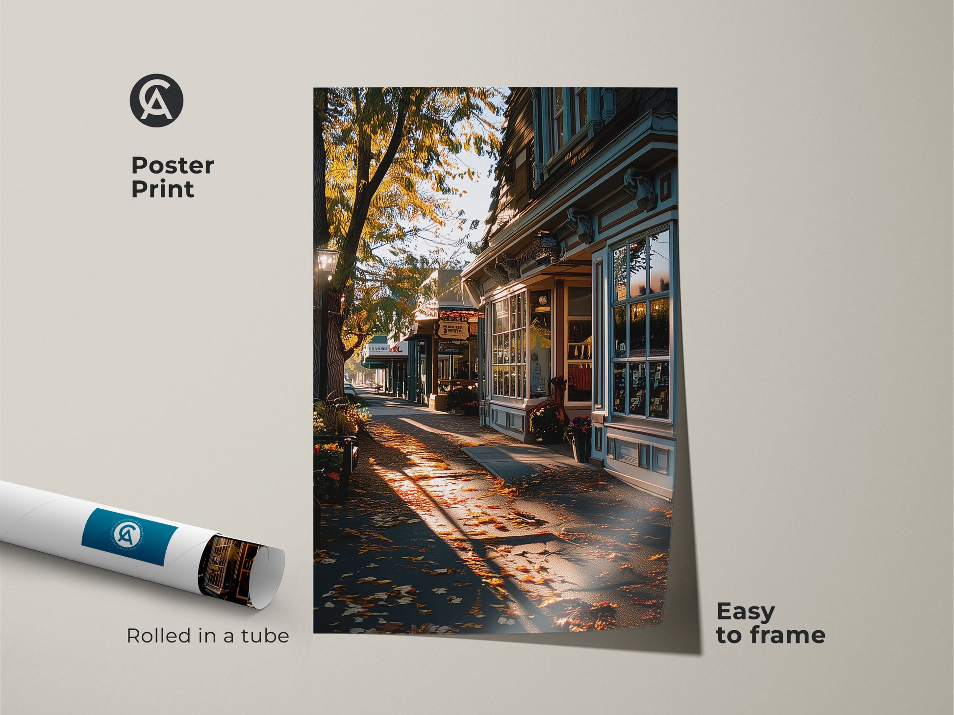 Poster print featuring a photorealistic autumn street. Traditional tree-lined street artwork in golden light. Rolled in a tube for easy framing. Ideal for adding cozy autumn charm to any room. Elevate your home art with this fall scene.