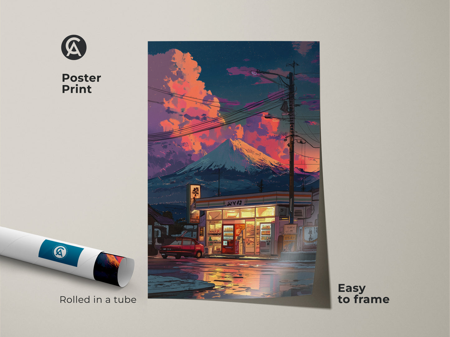 Poster print of a retro Japanese street scene with Mt Fuji. Rolled in a tube this aesthetic anime art print is easy to frame. The pink orange sky artwork is a travel destination poster. This 70s style anime art adds a vintage Japanese poster feel. A unique art print gift.