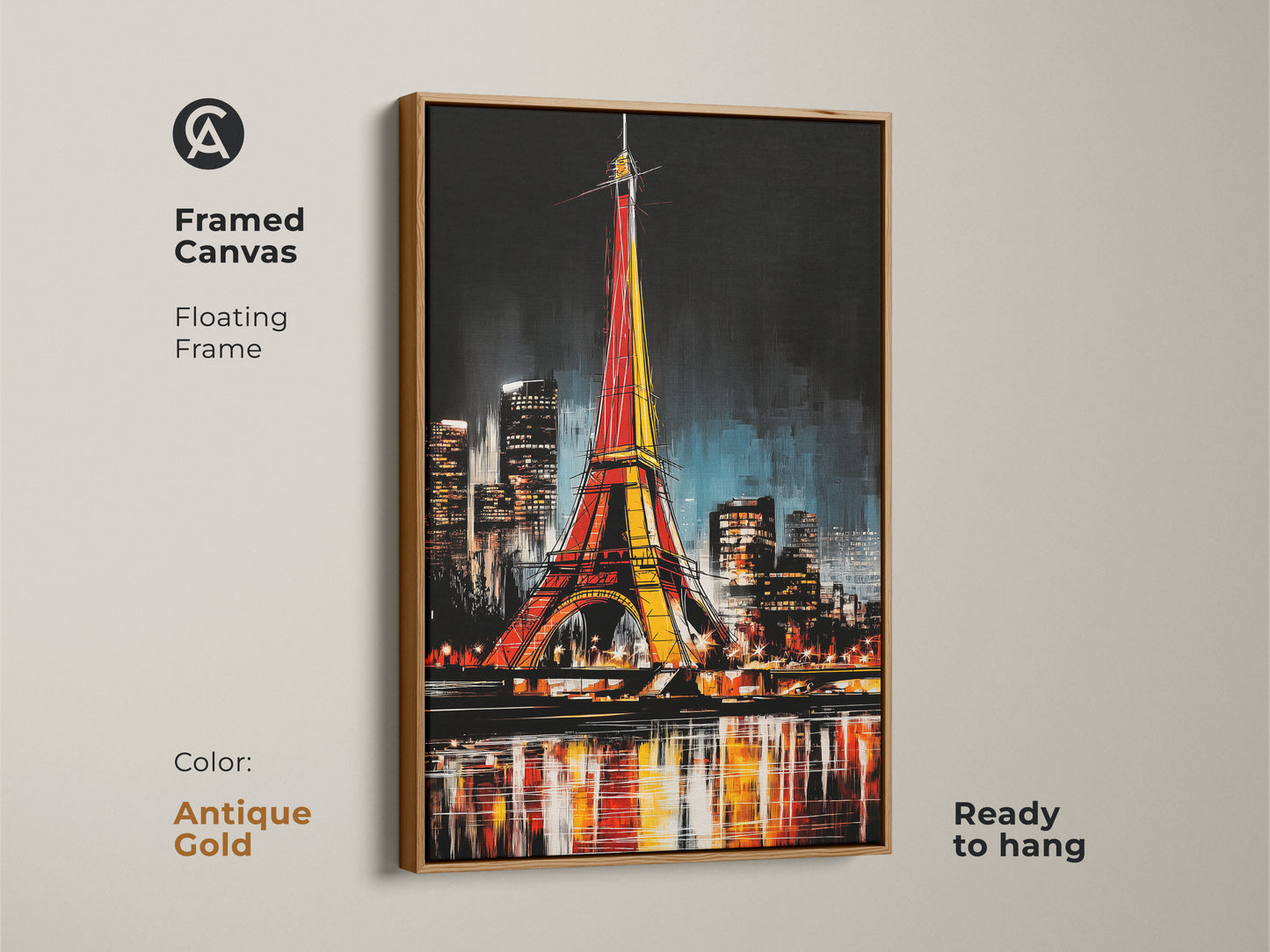 Antique gold framed canvas features a vibrant Eiffel Tower scene. This floating frame is ready to hang adding Parisian charm. The cityscape art captures the lights of Paris at night.