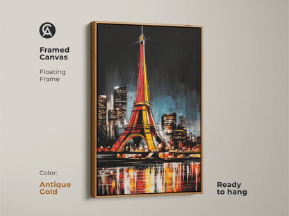 Antique gold framed canvas features a vibrant Eiffel Tower scene. This floating frame is ready to hang adding Parisian charm. The cityscape art captures the lights of Paris at night.