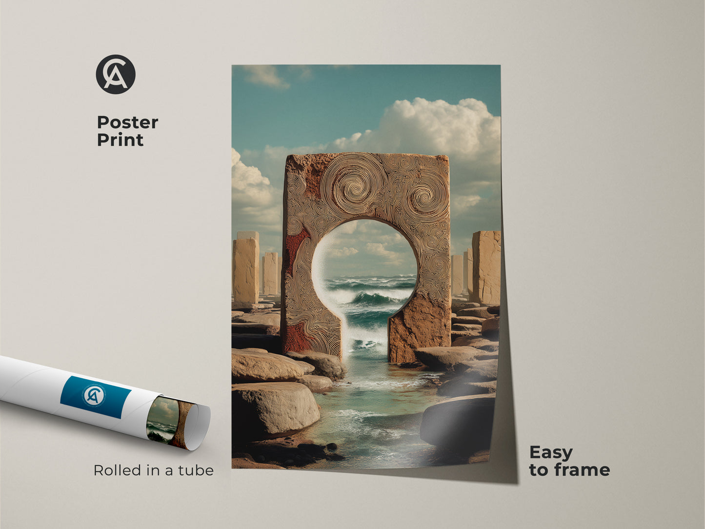 Poster print of a conceptual ocean portal art. Easy to frame beach scene art print rolled in a tube. Perfect for coastal nature wall decor. Bring a spiritual journey to your home office.
