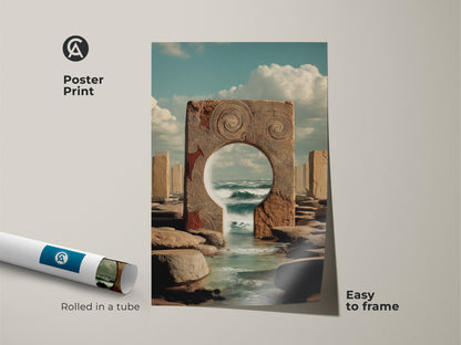 Poster print of a conceptual ocean portal art. Easy to frame beach scene art print rolled in a tube. Perfect for coastal nature wall decor. Bring a spiritual journey to your home office.