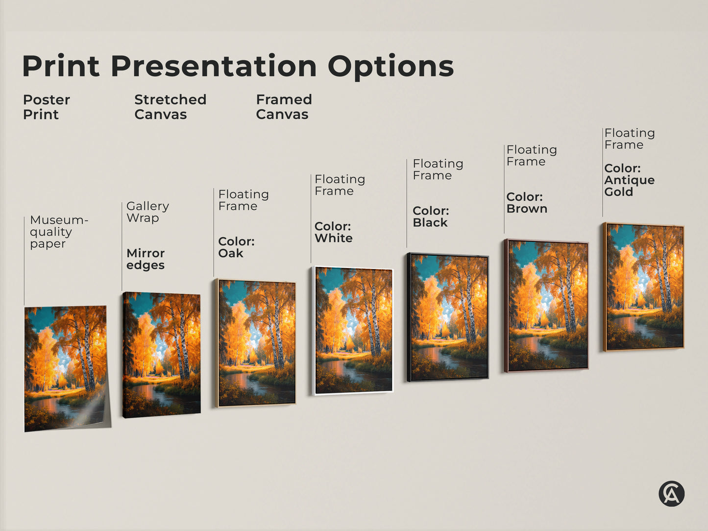 Explore print presentation options with this birch tree art. Choose from poster prints stretched canvas or framed canvas. Customize your wall art with floating frame colors like black brown white or antique gold. Museum-quality paper and gallery wraps available.