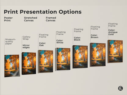 Explore print presentation options with this birch tree art. Choose from poster prints stretched canvas or framed canvas. Customize your wall art with floating frame colors like black brown white or antique gold. Museum-quality paper and gallery wraps available.
