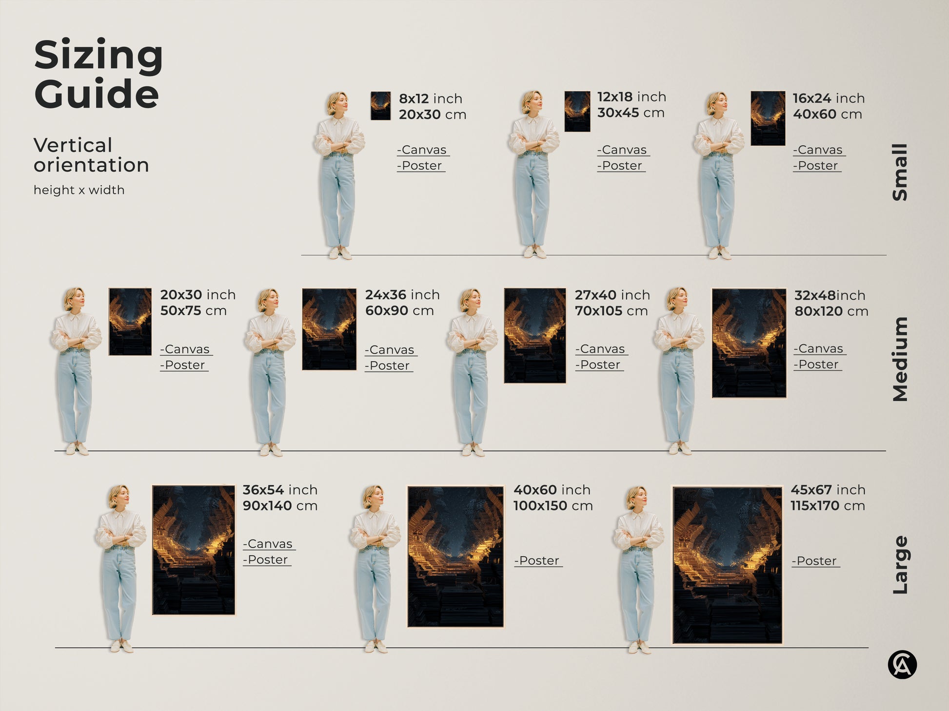Sizing guide for vertical orientation of the abstract fractal tunnel artwork. Available as canvas or poster in small medium and large sizes. Perfect for adding a touch of cosmic wonder to any space.