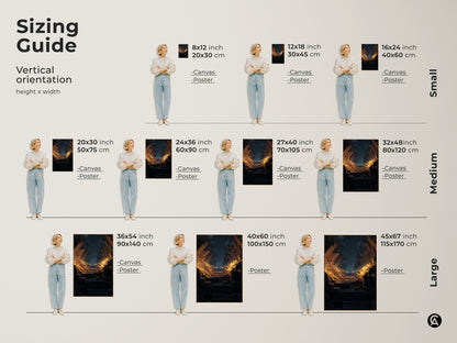 Sizing guide for vertical orientation of the abstract fractal tunnel artwork. Available as canvas or poster in small medium and large sizes. Perfect for adding a touch of cosmic wonder to any space.
