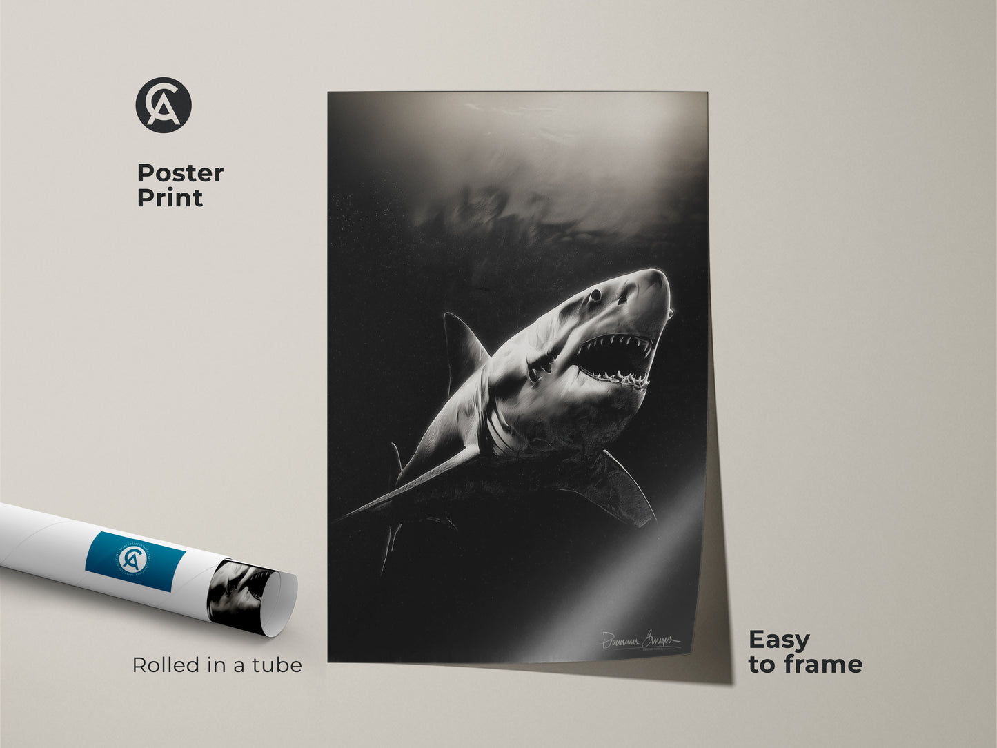 This poster print showcases a monochrome Great White Shark. The photorealistic shark poster is easy to frame. Rolled in a tube this underwater animal artwork is a unique gift idea. This black and white animal art will enhance any office or den.