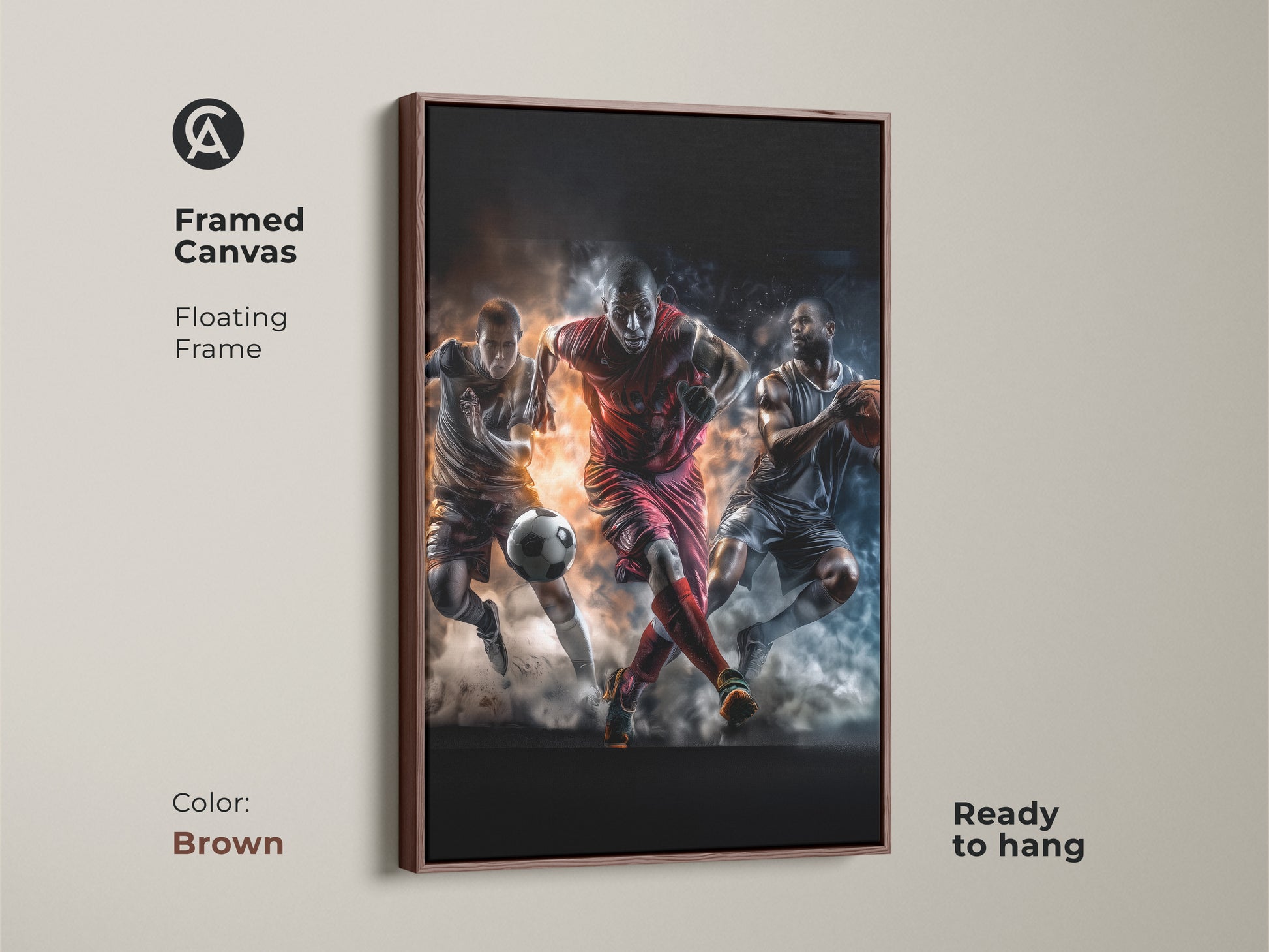 Brown framed canvas featuring soccer football and basketball players. The warm brown tone complements the dynamic artwork. Ready to hang and enjoy this unique sports art.
