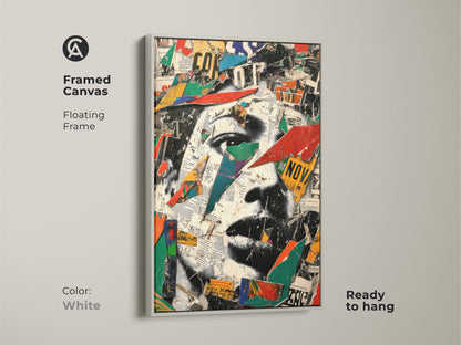 Framed canvas in a white floating frame showcasing a mixed media collage art print. This abstract face wall decor brings an urban eclectic touch. The red blue and green canvas art adds a modern flair.