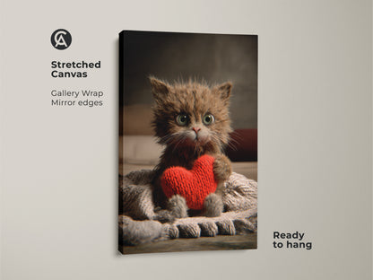 This is a stretched canvas gallery wrap of a kitten holding a red heart. The photorealistic artwork is ready to hang. It's ideal for cat lovers and adds a cozy touch to eclectic home decor styles.