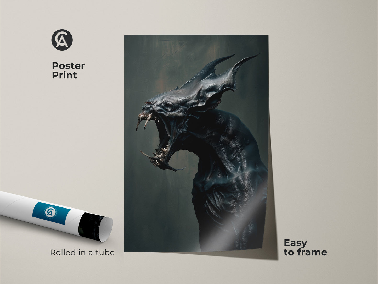 Poster print of monster artwork. This unique poster features a creature with horns and sharp teeth. Easy to frame. This rolled poster is perfect for a fan of dark fantasy art.