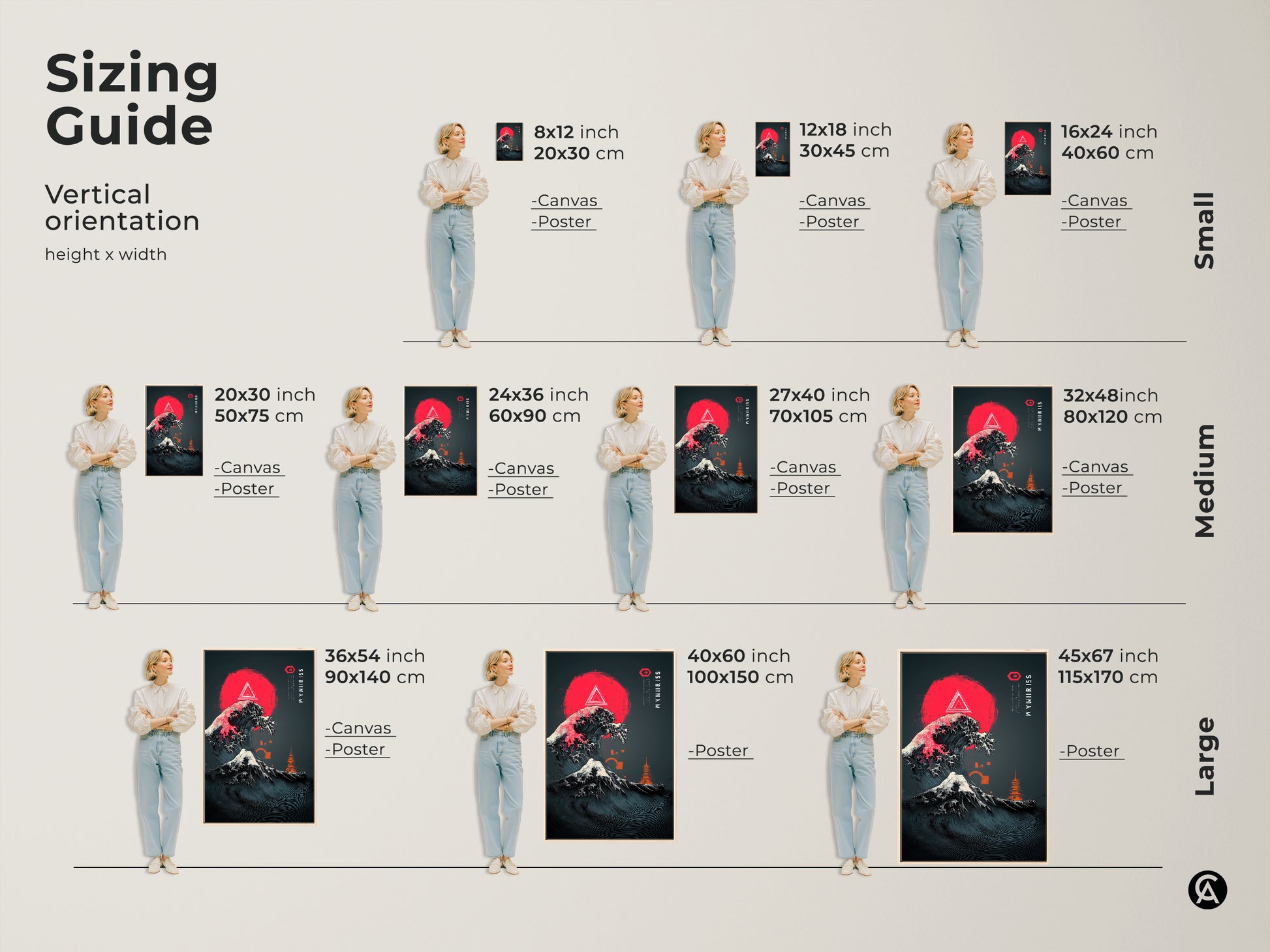 Sizing guide displaying ukiyo-e inspired wave art. The japanese ocean waves canvas comes in small medium and large sizes. Canvas and poster prints are available in 8x12 16x24 20x30 24x36 27x40 32x48 36x54 40x60 and 45x67 inch dimensions.