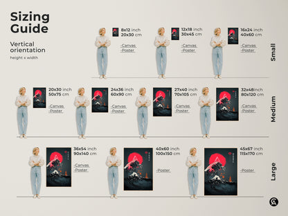 Sizing guide displaying ukiyo-e inspired wave art. The japanese ocean waves canvas comes in small medium and large sizes. Canvas and poster prints are available in 8x12 16x24 20x30 24x36 27x40 32x48 36x54 40x60 and 45x67 inch dimensions.