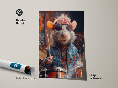 Poster print of a charismatic rat drummer in punk rock attire. Rolled in a tube this retro music wall art is easy to frame. A cool rock fan gift and fun addition to man cave decor. This eclectic animal art will enhance your alternative decor.