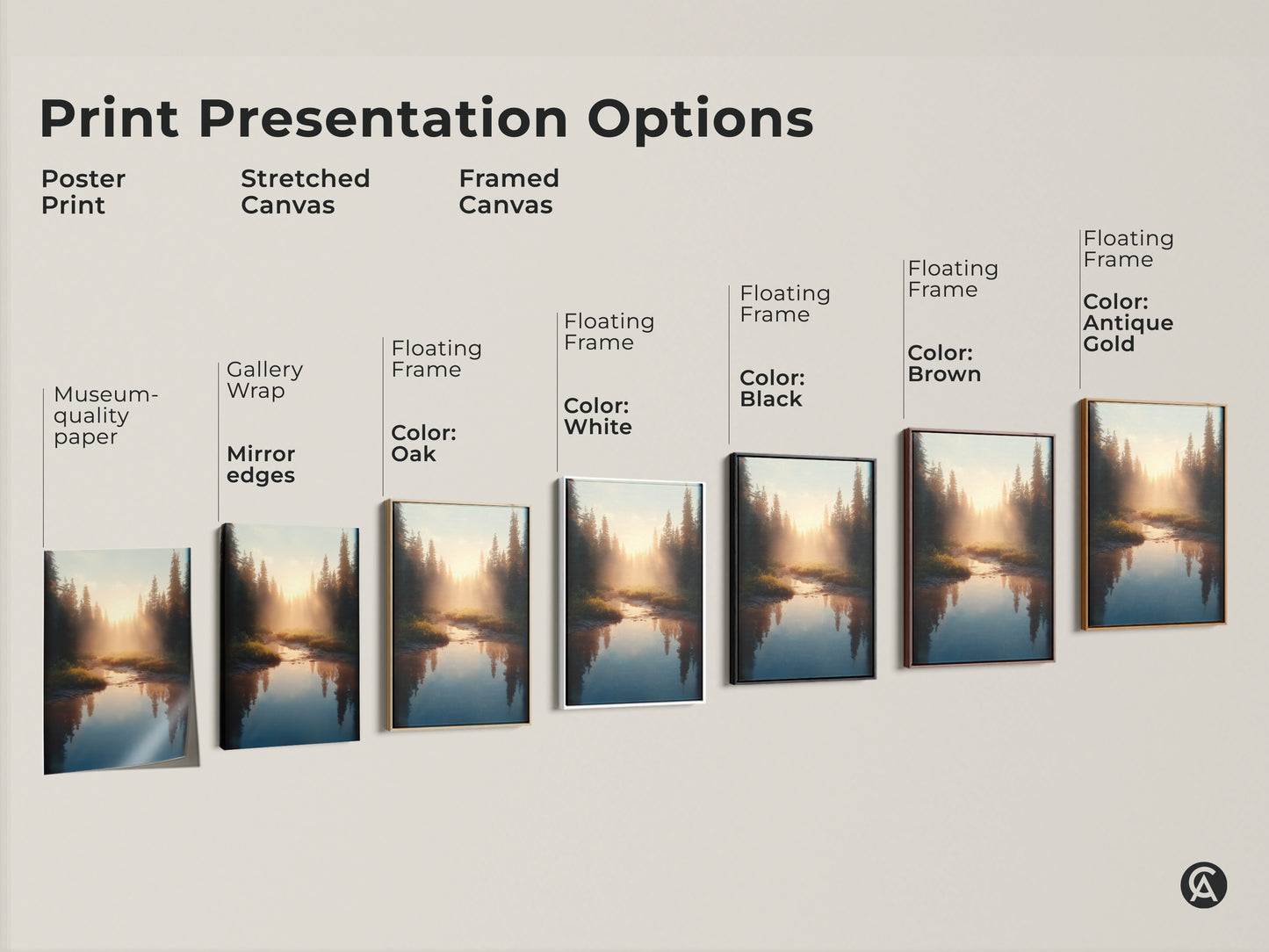 Print presentation options include poster print stretched canvas and framed canvas. Each features golden light on a river in a pine forest. Choose Scandinavian art for cozy home decor.