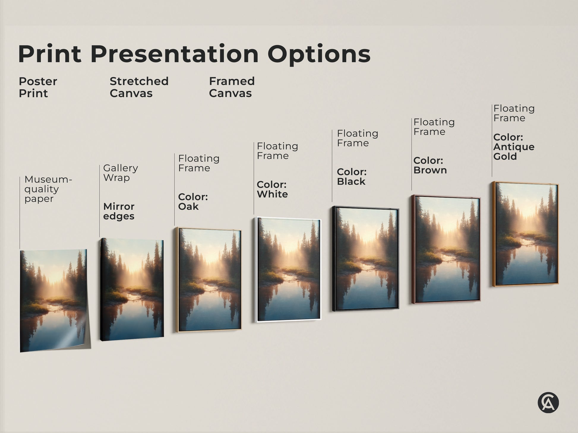Print presentation options include poster print stretched canvas and framed canvas. Each features golden light on a river in a pine forest. Choose Scandinavian art for cozy home decor.