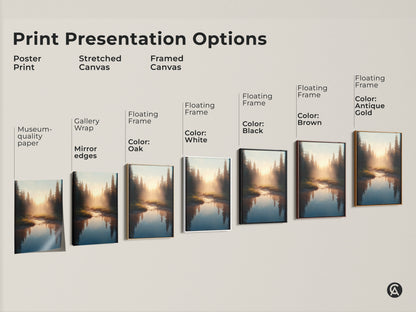 Print presentation options include poster print stretched canvas and framed canvas. Each features golden light on a river in a pine forest. Choose Scandinavian art for cozy home decor.