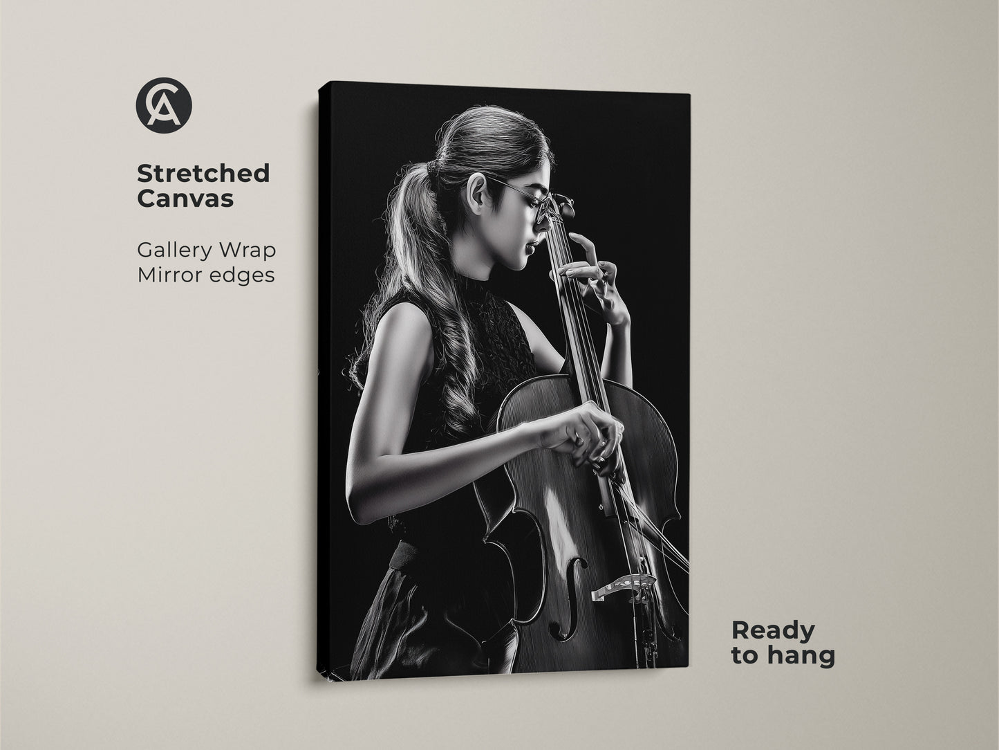 Stretched canvas features a cellist in black and white. This musician wall art has mirrored edges. Ready to hang this contemporary piece adds sophistication to any music room or studio. The gallery wrap enhances its modern appeal.