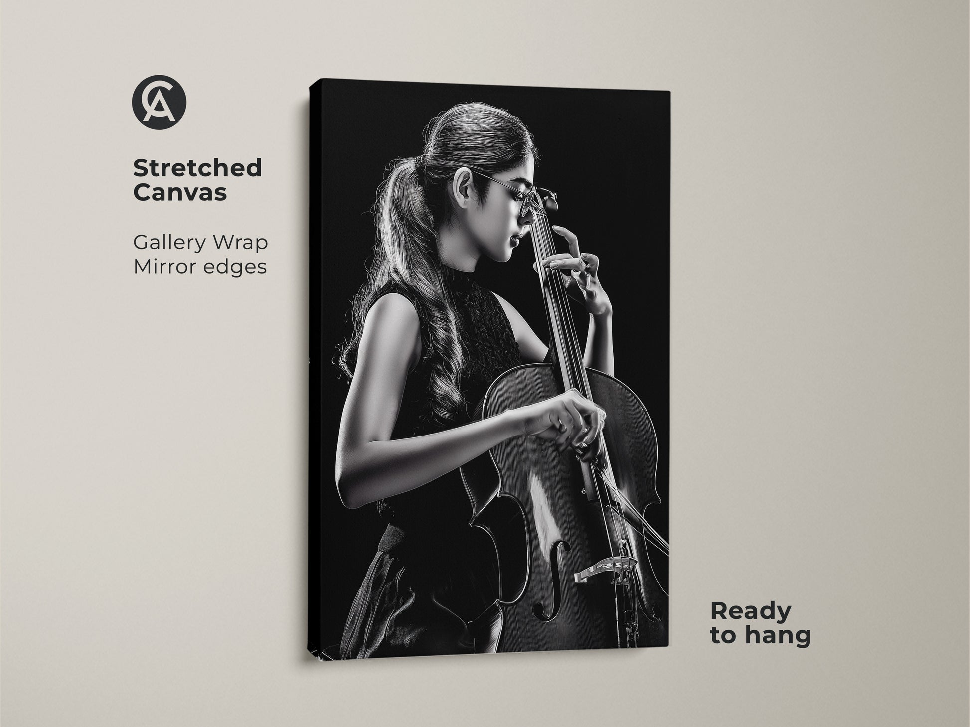 Stretched canvas features a cellist in black and white. This musician wall art has mirrored edges. Ready to hang this contemporary piece adds sophistication to any music room or studio. The gallery wrap enhances its modern appeal.