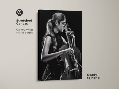 Stretched canvas features a cellist in black and white. This musician wall art has mirrored edges. Ready to hang this contemporary piece adds sophistication to any music room or studio. The gallery wrap enhances its modern appeal.