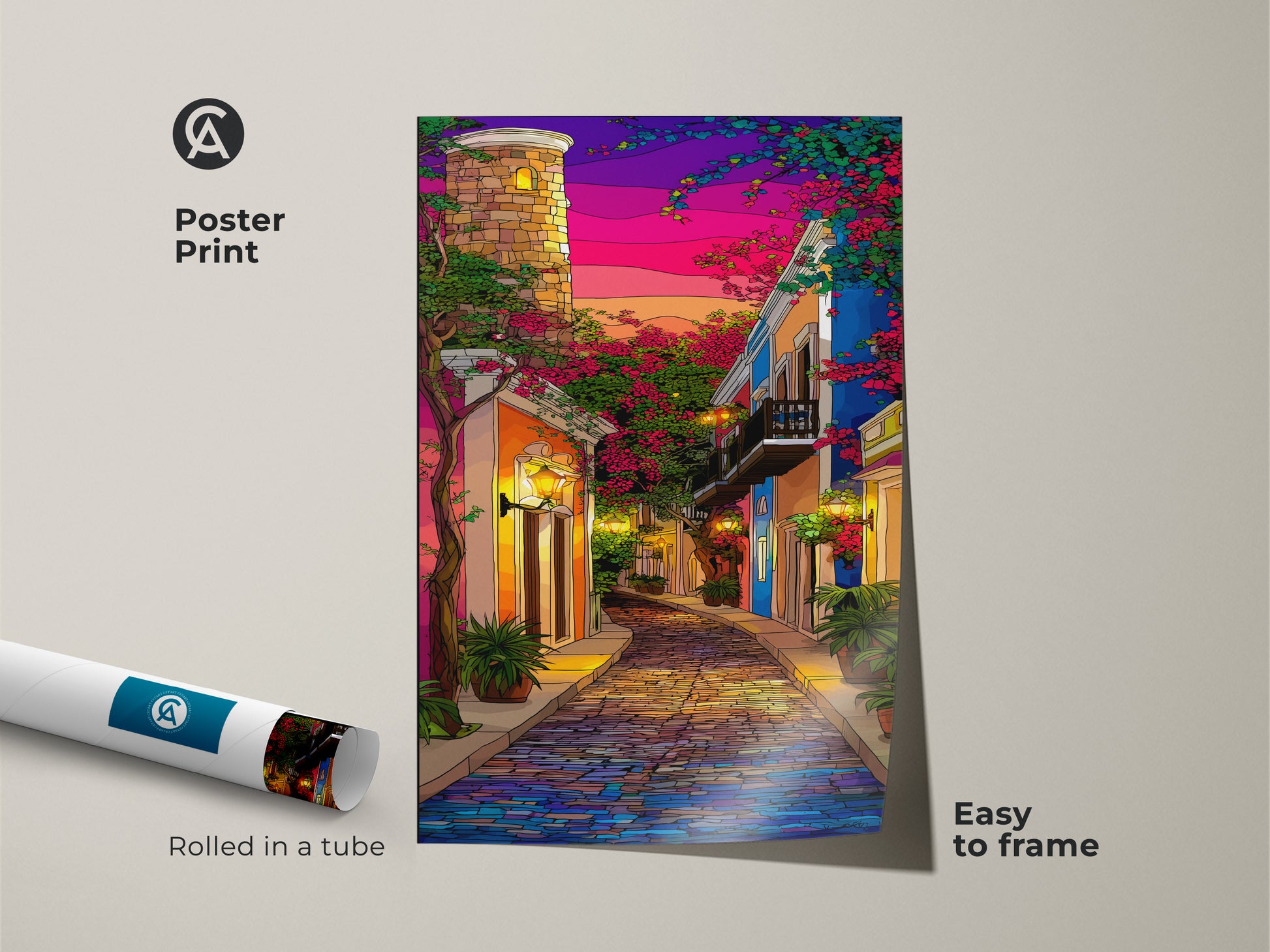 Poster print version of a cobblestone street cityscape. Featuring a tower building under a purple blue pink sunset. An eclectic travel lover gift easily framed for hallway wall decor. Colorful European street artwork for home.