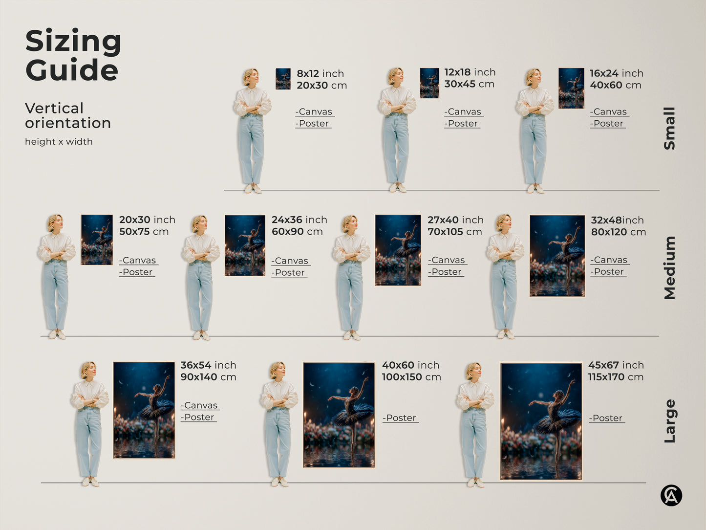 Sizing guide for ballerina artwork. Vertical orientation options available in small medium and large sizes. Visualize the artwork's dimensions with a model. Choose the perfect size for your space. Available in canvas and poster prints.