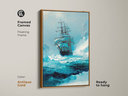 This framed canvas features an antique gold floating frame showcasing nautical tall ship art. The blue ocean and iceberg create an adventurous maritime scene. This ready-to-hang print is a stunning sea exploration artwork for nautical enthusiasts.