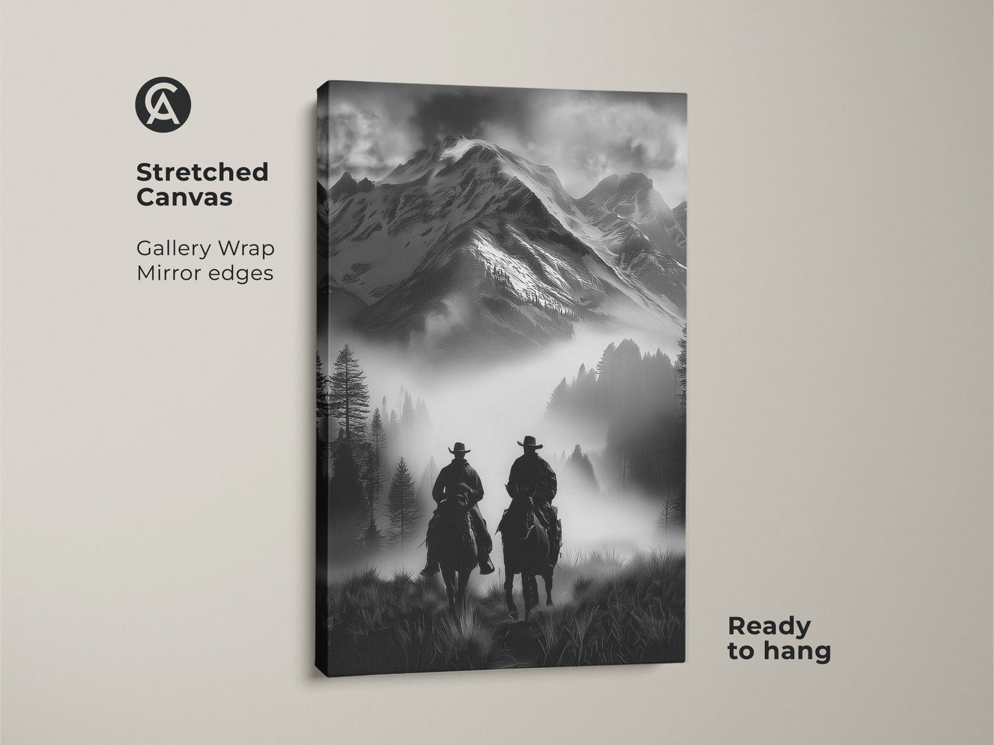 Stretched canvas featuring a monochrome cowboy art. Gallery-wrapped with mirror edges this horseback riding canvas is ready to hang. The western landscape print features a misty mountain.