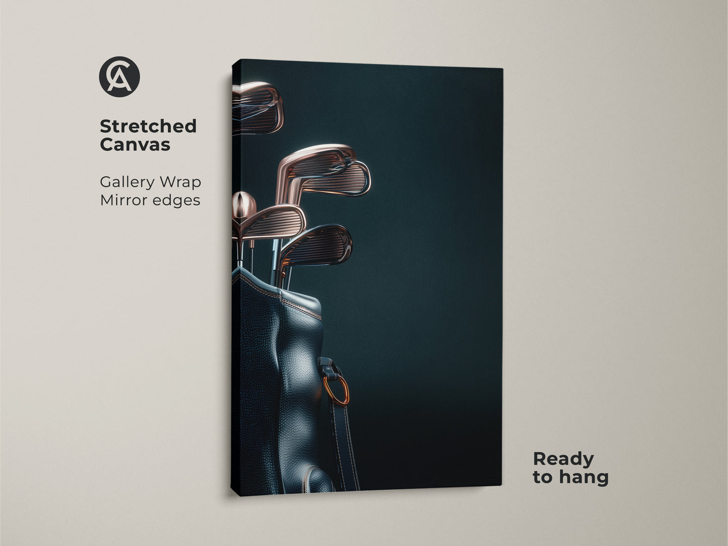 Bring the spirit of the game home. This stretched canvas art features a detailed golf bag and clubs. The gallery wrap and mirror edges give it a modern touch. Ready to hang this artwork is a must have for any golf lover's collection.