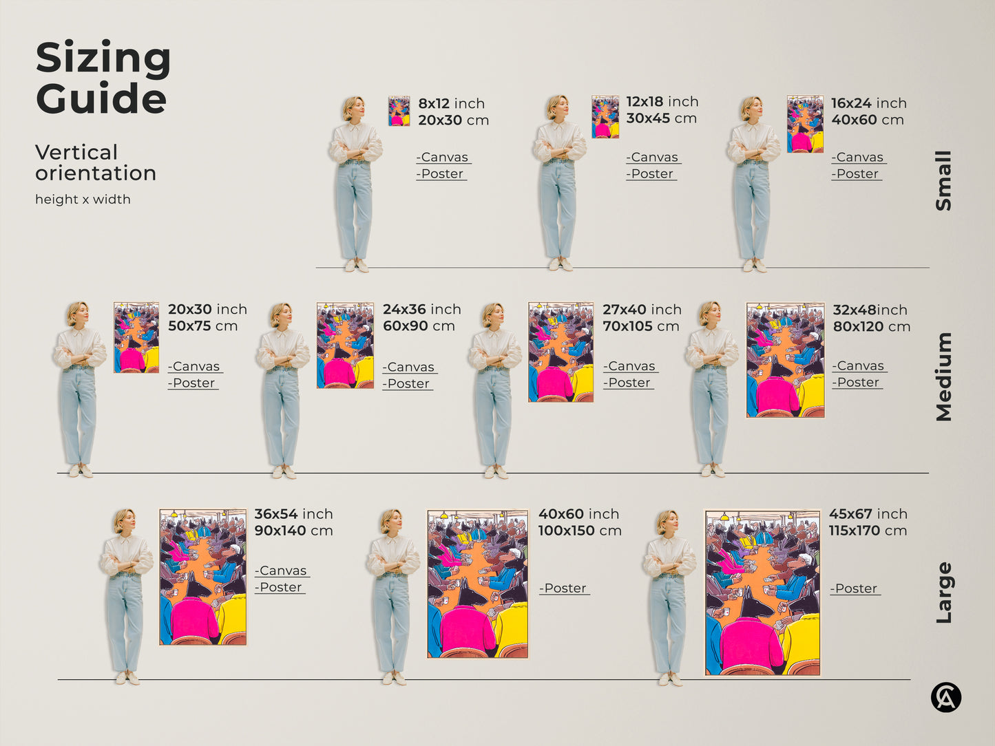 Sizing guide for vertical orientation. Artwork dimensions include 8x12 inch 12x18 inch and 16x24 inch as a small size. Medium size is 20x30 inch 24x36 inch 27x40 inch and 32x48 inch. Large sizes are 36x54 inch 40x60 inch and 45x67 inch.