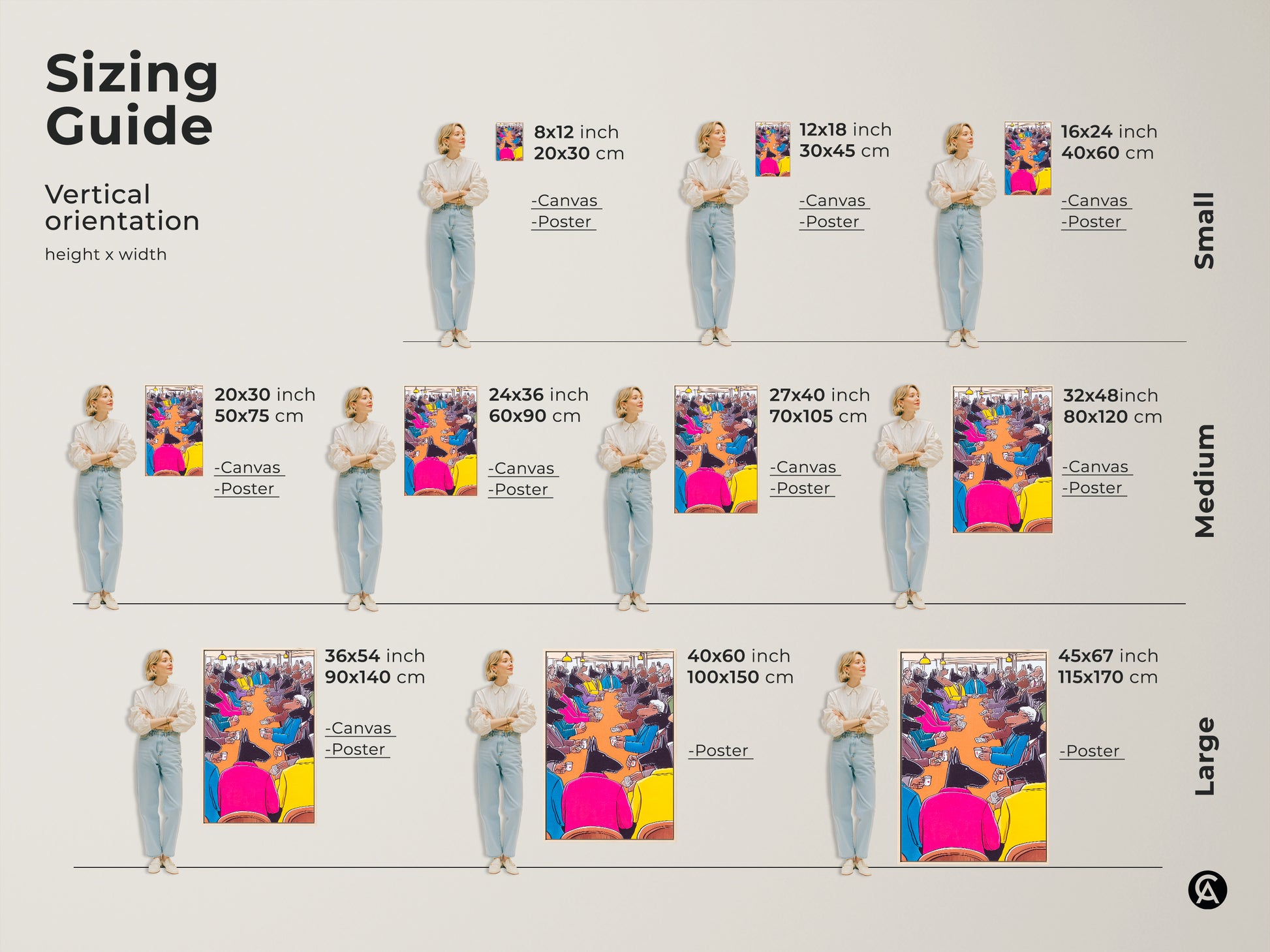 Sizing guide for vertical orientation. Artwork dimensions include 8x12 inch 12x18 inch and 16x24 inch as a small size. Medium size is 20x30 inch 24x36 inch 27x40 inch and 32x48 inch. Large sizes are 36x54 inch 40x60 inch and 45x67 inch.