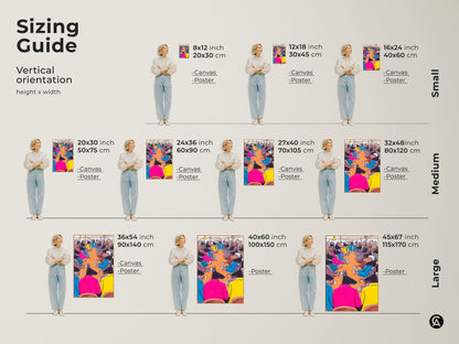 Sizing guide for vertical orientation. Artwork dimensions include 8x12 inch 12x18 inch and 16x24 inch as a small size. Medium size is 20x30 inch 24x36 inch 27x40 inch and 32x48 inch. Large sizes are 36x54 inch 40x60 inch and 45x67 inch.