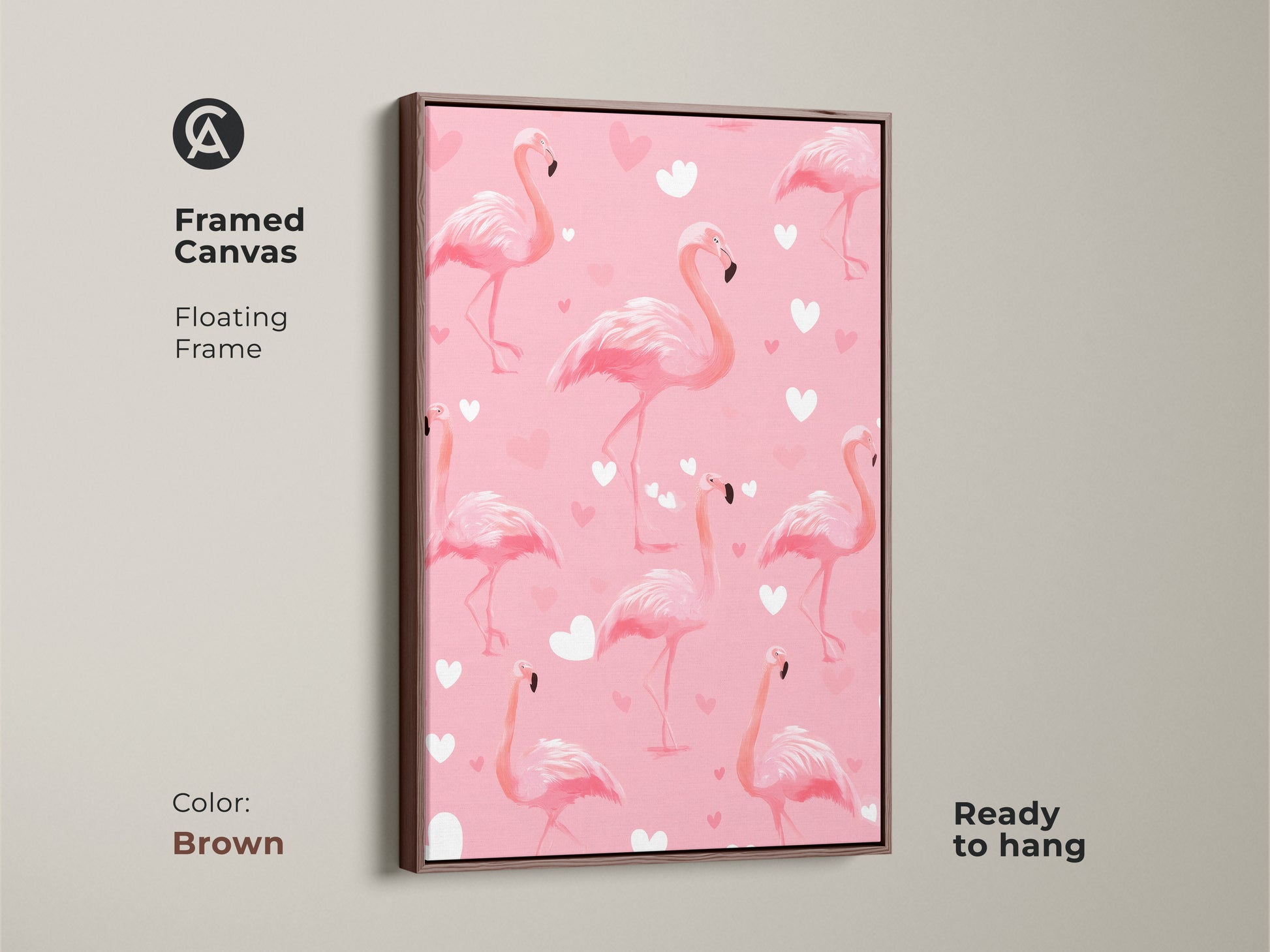 Brown framed canvas featuring pink flamingo artwork. It has a cute heart pattern that adds charm. The tropical bird art is ready to hang. Perfect for a girly bedroom or animal lover's space.