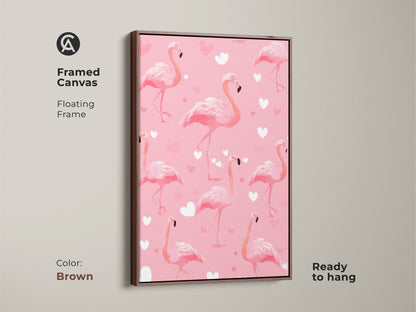Brown framed canvas featuring pink flamingo artwork. It has a cute heart pattern that adds charm. The tropical bird art is ready to hang. Perfect for a girly bedroom or animal lover's space.