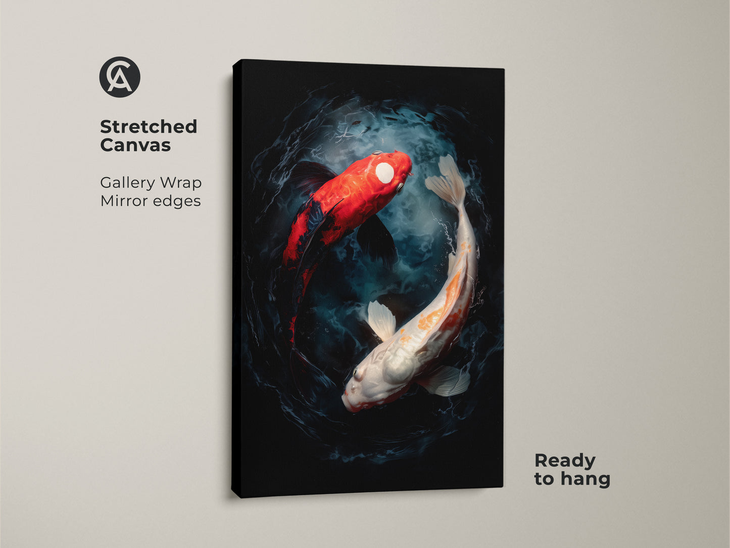 A stretched canvas print of two koi fish swimming in a yin and yang formation. The colors are vibrant and the art is modern. This gallery wrapped canvas art is ready to hang