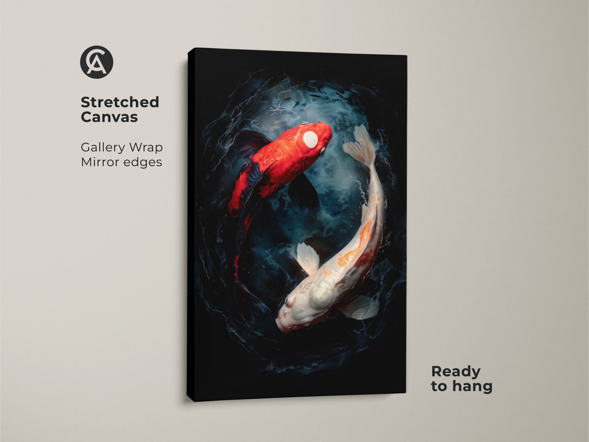 A stretched canvas print of two koi fish swimming in a yin and yang formation. The colors are vibrant and the art is modern. This gallery wrapped canvas art is ready to hang