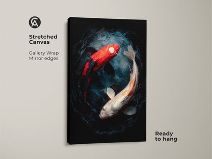 A stretched canvas print of two koi fish swimming in a yin and yang formation. The colors are vibrant and the art is modern. This gallery wrapped canvas art is ready to hang