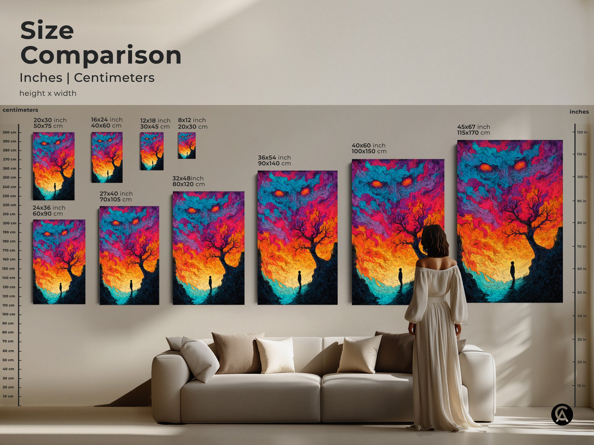 Compare sizes of this captivating artwork. View the artwork in inches and centimeters. See how the canvas and poster prints fit above a sofa. Choose from various sizes to suit your room. Transform your living space with this surreal piece. Buy yours today.